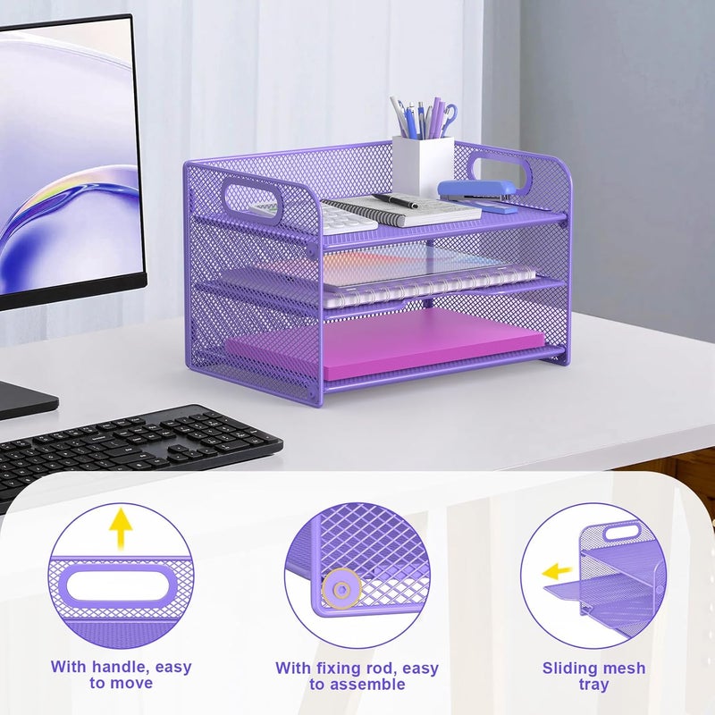 Samstar 3 Tier Purple Letter Tray Paper Organizer with Handle, Mesh Desk Organizer Paper Sorter File Rack Shelves, Purple - Image 3